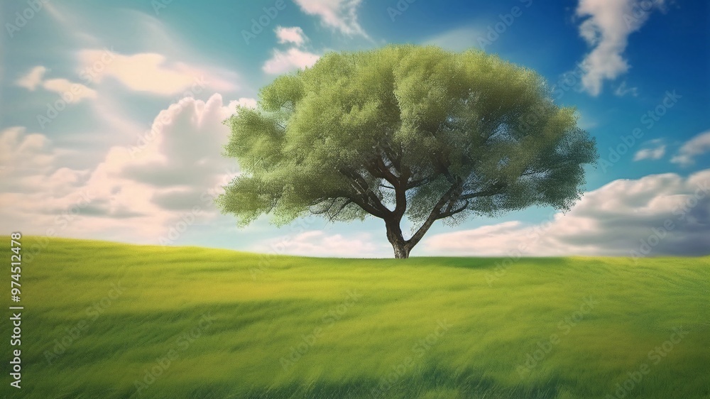 A solitary tree stands tall in a grassy field under a blue sky with puffy white clouds. A solitary tree stands tall in a grassy field under a blue sky with puffy white clouds.