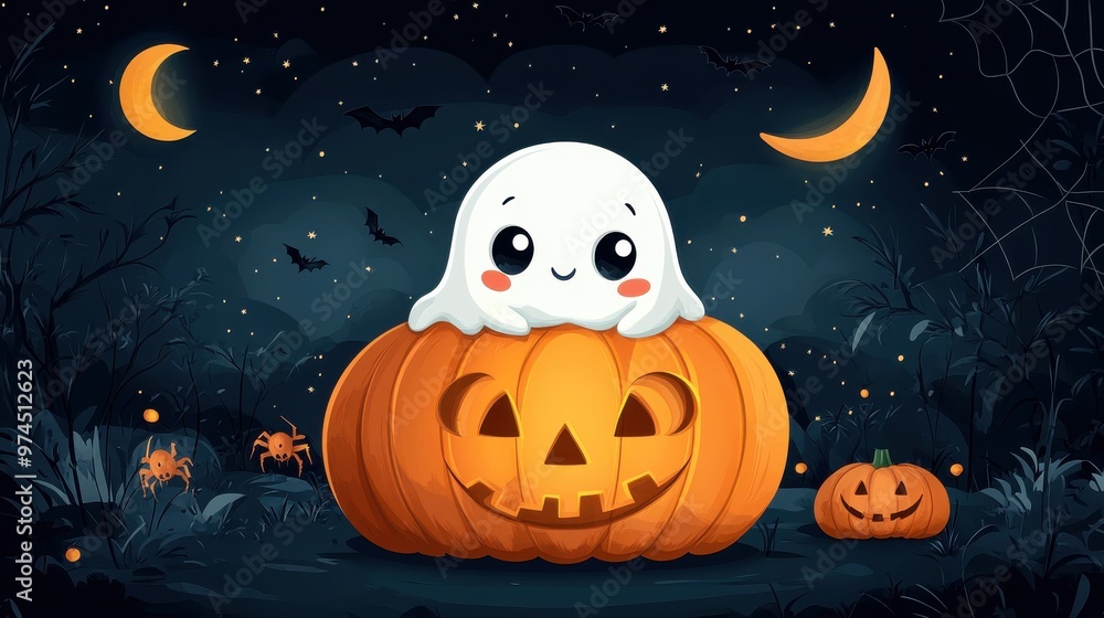 A cute ghost peeking from behind a carved pumpkin, set against a black background with a crescent moon, bats, and spiders in the corners. Scary but adorable. A cute ghost peeking from behind a carved pumpkin, set against a black background with a crescent moon, bats, and spiders in the corners. Scary but adorable.
