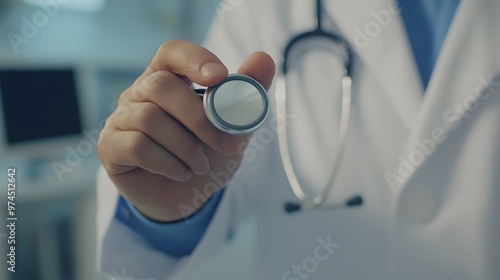 Wallpaper Mural Doctor's Hand Holding a Stethoscope: A close-up of a doctor's hand gripping a stethoscope, with a soft-focus background of a medical room. 
 Torontodigital.ca