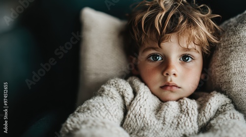 A young child lies on a set of pillows with a thoughtful expression, reflecting an innocence and depth in a serene, tender moment within a home setting.