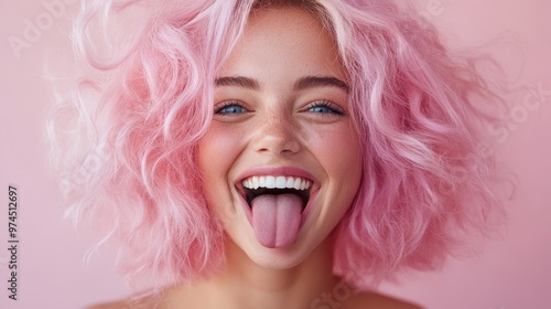 A young woman with light pink hair happily sticks out her tongue, embracing a sense of fun and carefree laughter in a vibrant, visually engaging portrait setting.