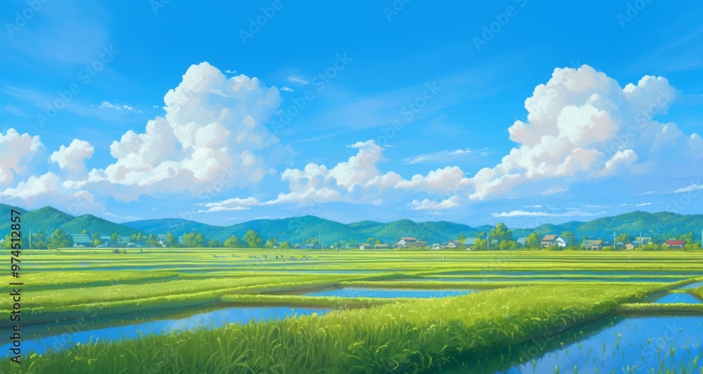 Fototapeta premium Wide View of Expansive Rice Fields in Japan with Cel Shading Under Clear Blue Skies