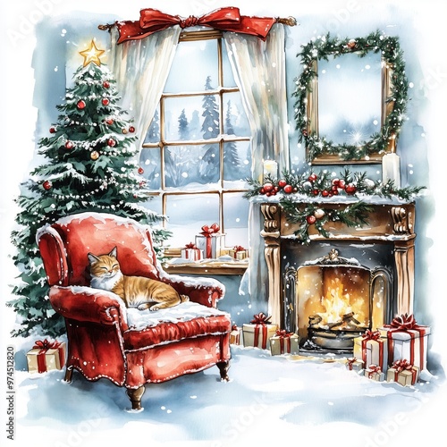 Cozy winter living room with a sleeping cat and holiday decorations by the fireplace