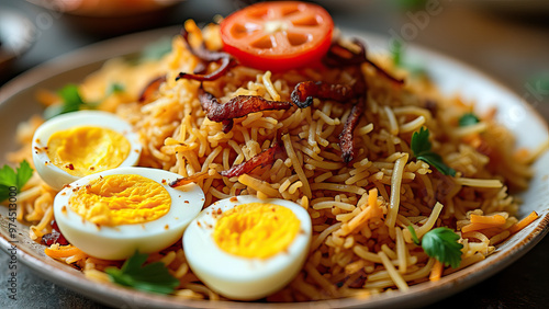 Bowl of flavorful indian biryani rice dish topped with garnished eggs and tomatoes photo