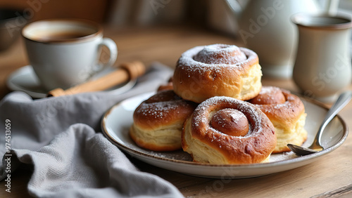 Delicious cinnamon rolls on plate with coffee in cozy kitchen setting