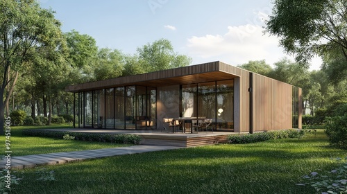 Wallpaper Mural Construct a 3D architectural visualization of a modern, eco-friendly home, highlighting sustainable materials, open spaces, and a seamless blend with nature. Torontodigital.ca