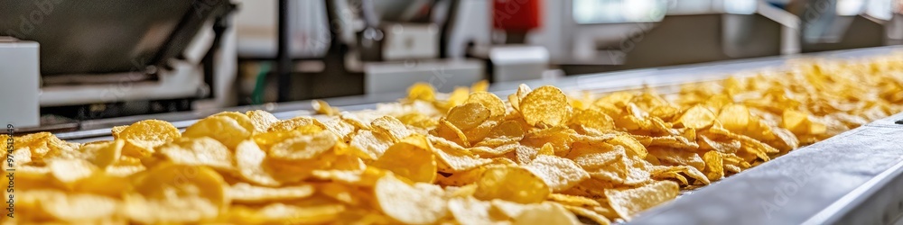potato chips on a conveyor belt. Selective focus potato chips on a conveyor belt. Selective focus