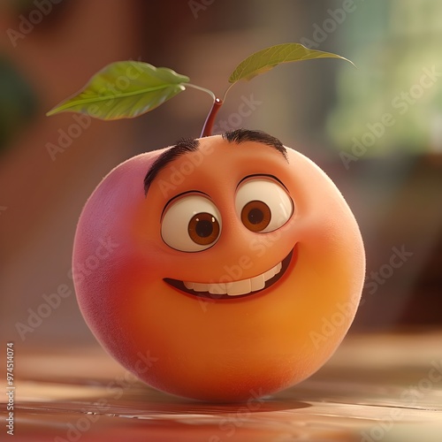 Happy, Adorable Cartoon Fruit Character with Leaf and Bright Smile