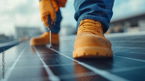 A worker in yellow boots and gloves is using a tool to fix a solar panel on a sunny rooftop, highlighting the importance of renewable energy and craftsmanship.