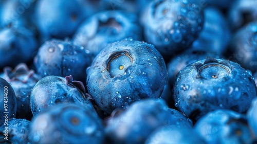 Obraz na płótnie Close-up macro photograph of fresh blueberries with a flat white background, showing detailed texture and vibrant blue color with copy space, w salonie