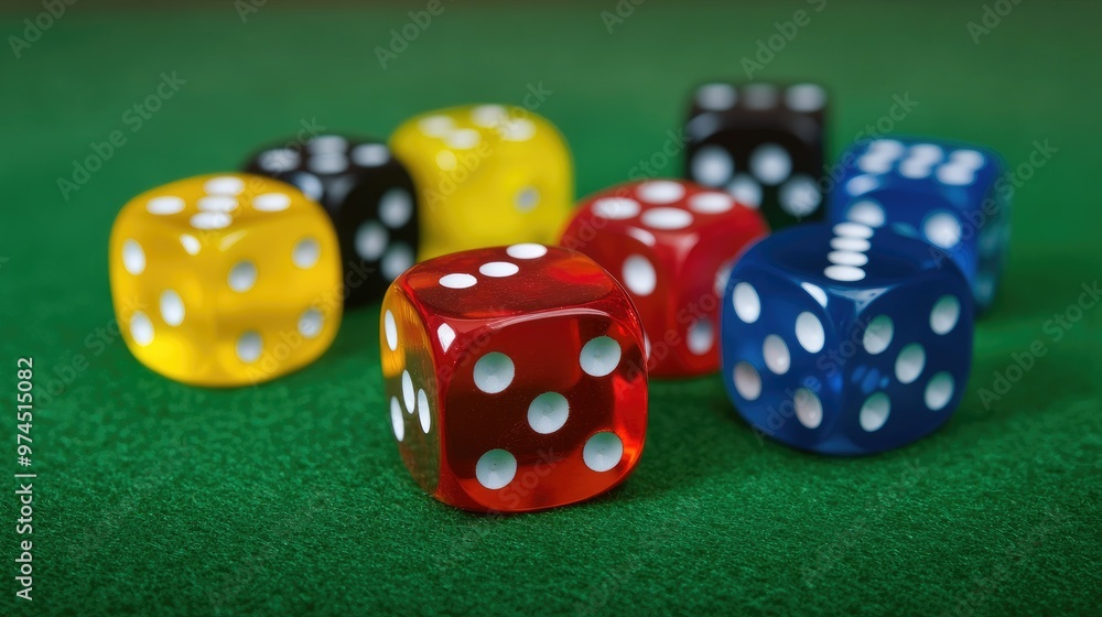 Multicolored dice cubes arranged randomly on a green surface, vibrant colors standing out against the table. Multicolored dice cubes arranged randomly on a green surface, vibrant colors standing out against the table.