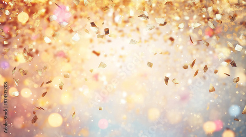 confetti flying, orange and yellow spotlights in the background,