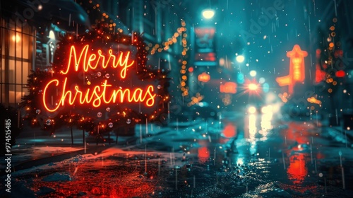 A festive street illuminated by neon lights and rain, celebrating the Christmas spirit on a chilly evening. Generative AI