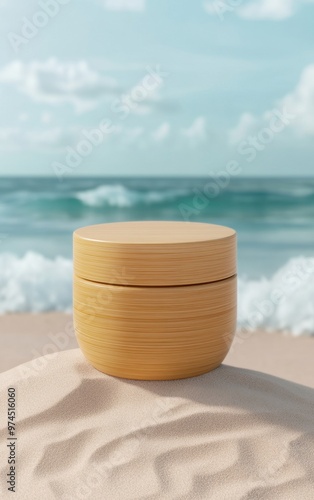 Minimalist wooden container on sandy beach with ocean waves in the background, perfect for beauty and skincare products.