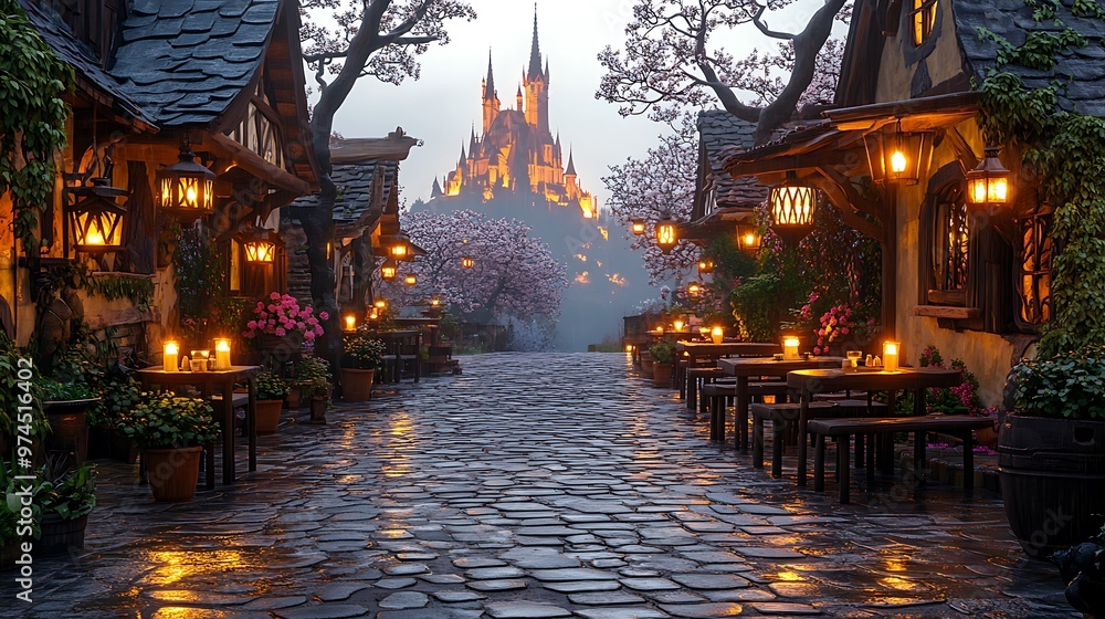 Fototapeta premium Cobblestone Street with Medieval Castle in the Background