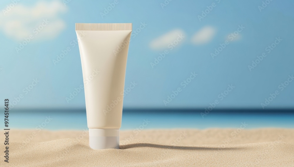 Sunscreen lotion tube on sandy beach with blue sky background. Perfect for summer, skincare, and vacation themes.