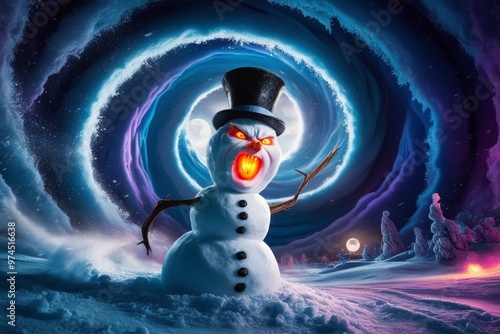 Snowman villain with glowing eyes and open mouth in black hat against moon and night forest background photo