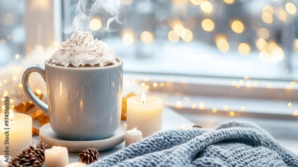Fototapeta premium A steaming cup of hot chocolate with whipped cream sits by a window, surrounded by candles and cozy décor. Warmth and comfort concept.