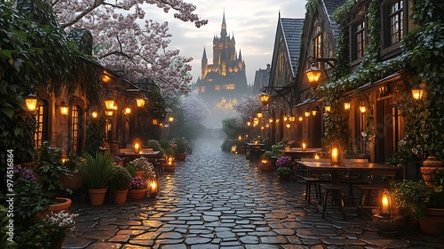 Cobblestone Street with Castle in the Distance and Blooming Trees