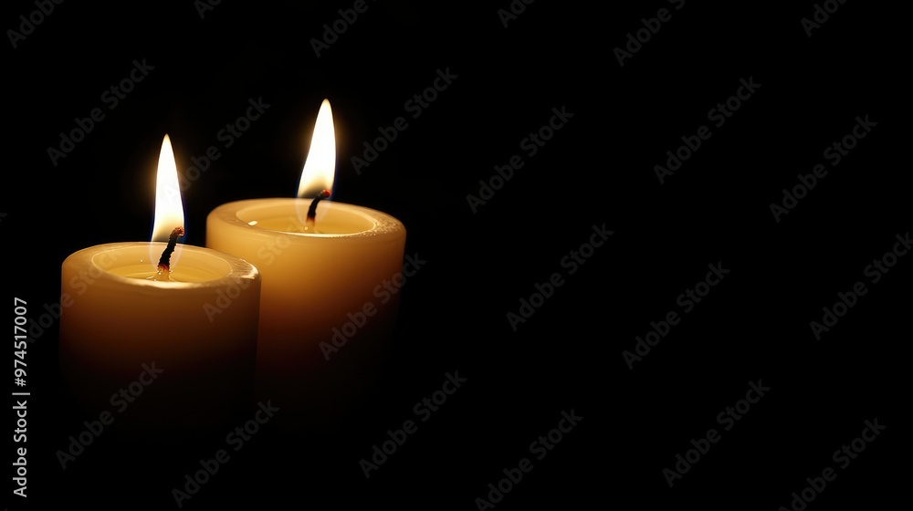 Softly lit candles against a black background, creating a tranquil scene with generous copy space for creative use Softly lit candles against a black background, creating a tranquil scene with generous copy space for creative use
