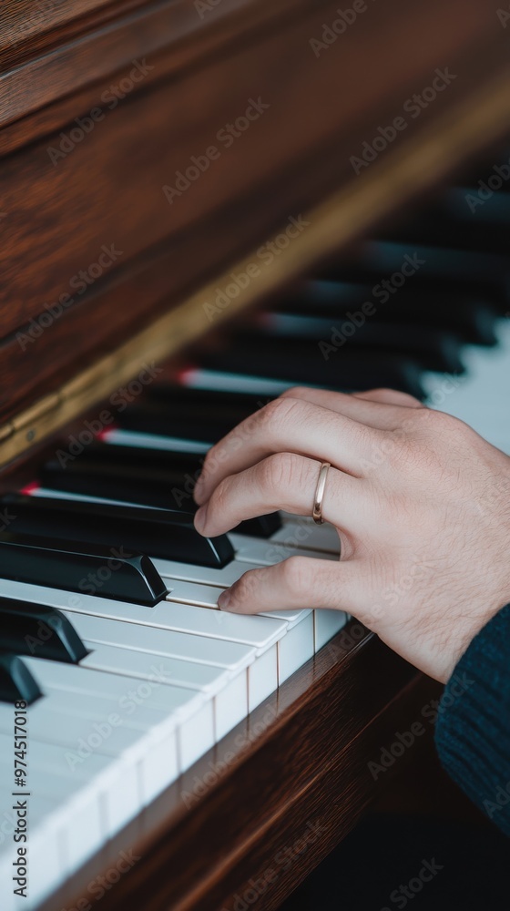Fototapeta premium Hands playing an upright piano in a dimly lit room, creating an intimate musical atmosphere