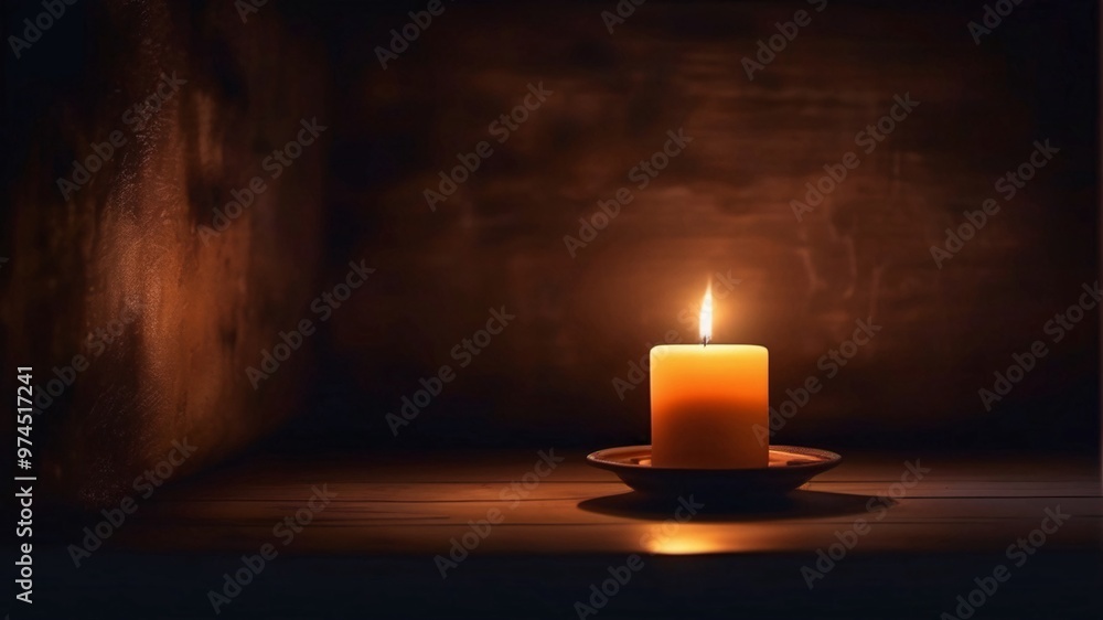 Single candle flame glowing in dark room. Single candle flame glowing in dark room.