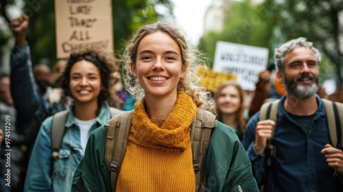 A diverse team of activists holding a climate change protest with handmade signs, emphasizing the urgency of environmental action.