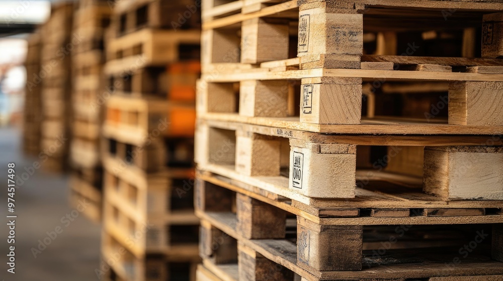 Stacks of wooden shipping pallets neatly organized in a warehouse, ready for distribution. Stacks of wooden shipping pallets neatly organized in a warehouse, ready for distribution.