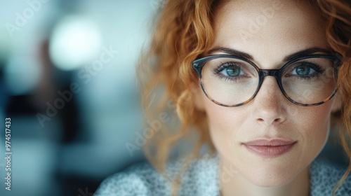 A close-up shot of a curly-haired woman wearing glasses, set against a blurred background providing a sense of focus and introspective thoughtfulness.