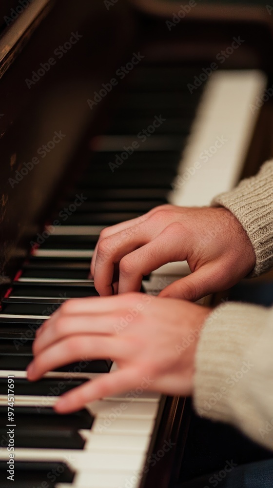 Intimate moment of hands playing an upright piano in a softly lit room filled with music Intimate moment of hands playing an upright piano in a softly lit room filled with music