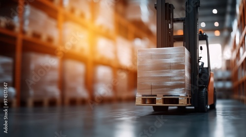 In a modern warehouse, a forklift lifts a pallet of goods, symbolizing efficiency and the organized orchestration of storage, distribution, and industrial logistics. photo