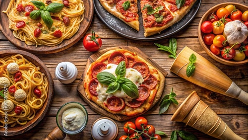 A vibrant still life of classic Italian dishes, featuring freshly cooked pasta, crispy pizza slices, and rich gelato, set against a rustic wooden background.