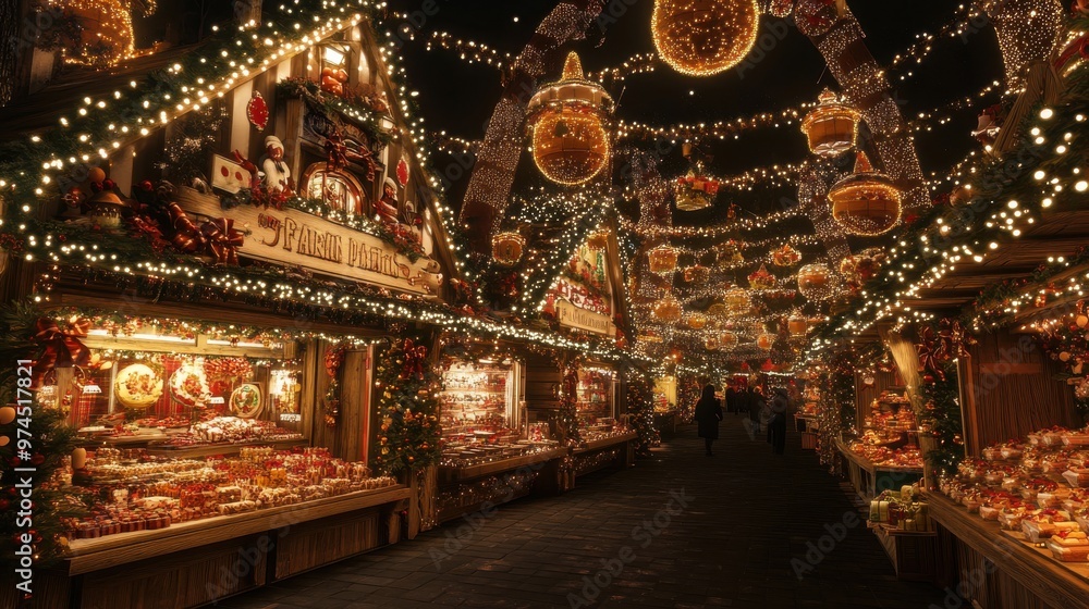 Obraz premium Festively decorated market with twinkling lights and holiday decorations during nighttime in a charming winter setting