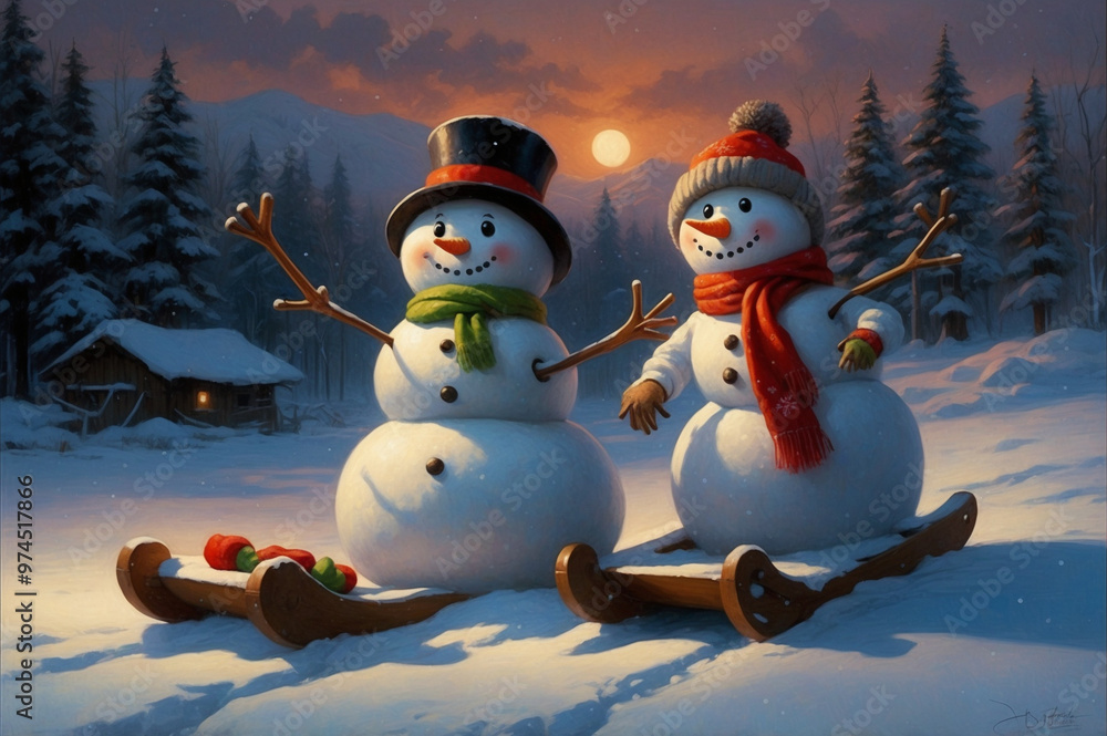 Obraz premium Cute snowmen in hats and scarves