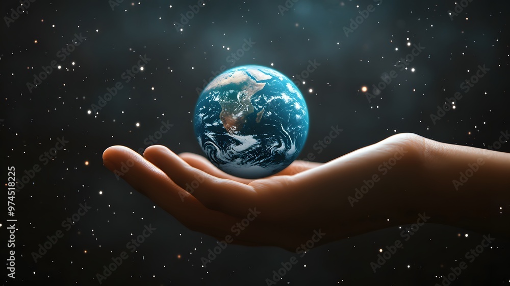 Hand Balancing Earth on Fingertips: A hand balancing the Earth delicately on the fingertips, against a black background dotted with stars.
Hand Balancing Earth on Fingertips: A hand balancing the Earth delicately on the fingertips, against a black background dotted with stars.