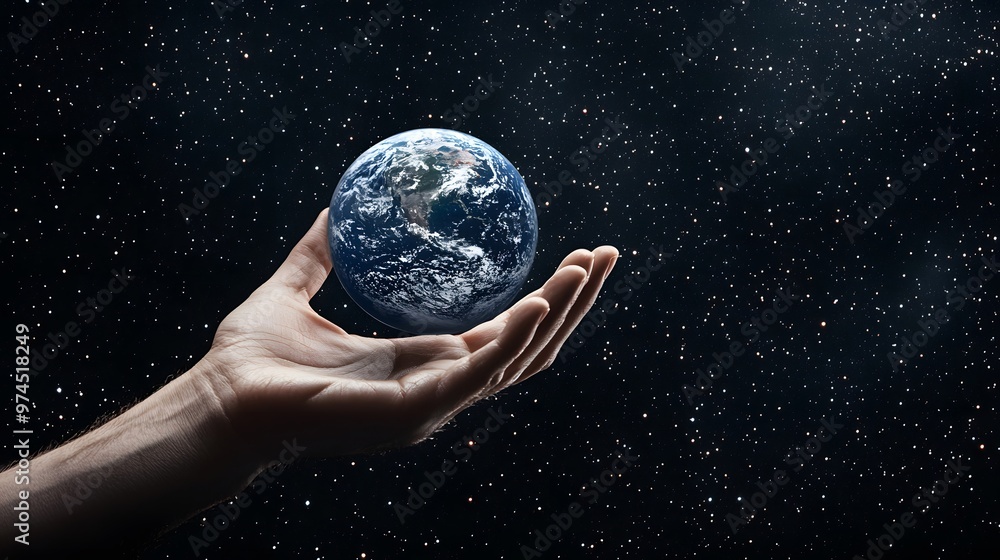 Hand Balancing Earth on Fingertips: A hand balancing the Earth delicately on the fingertips, against a black background dotted with stars.
Hand Balancing Earth on Fingertips: A hand balancing the Earth delicately on the fingertips, against a black background dotted with stars.