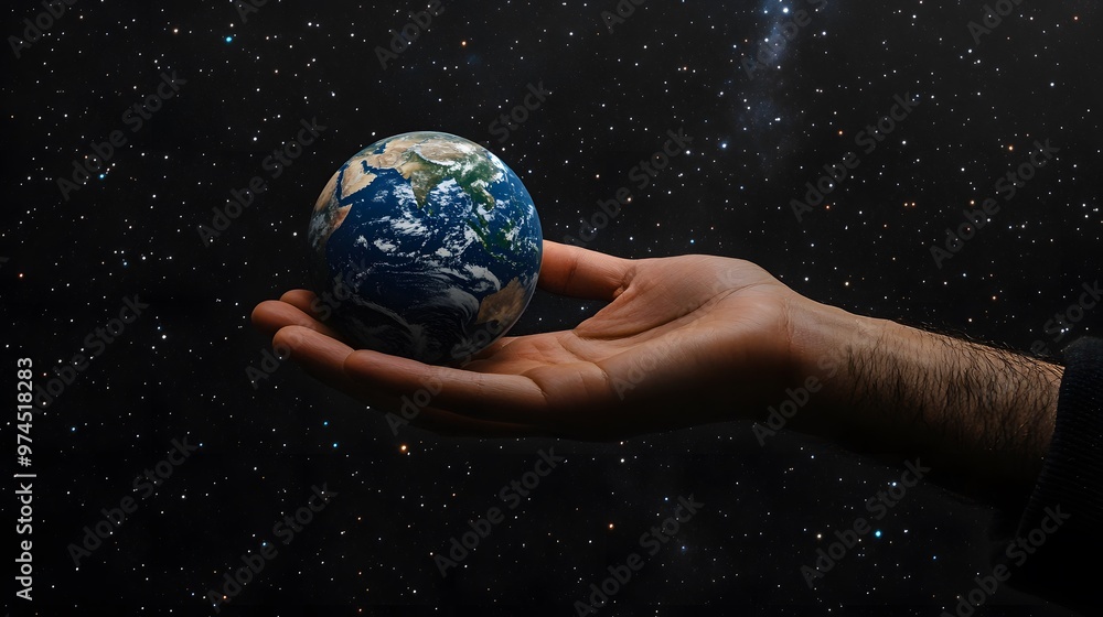Hand Balancing Earth on Fingertips: A hand balancing the Earth delicately on the fingertips, against a black background dotted with stars.
Hand Balancing Earth on Fingertips: A hand balancing the Earth delicately on the fingertips, against a black background dotted with stars.