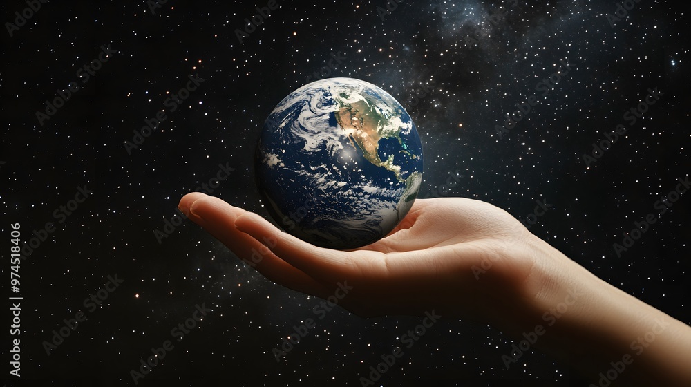 Hand Balancing Earth on Fingertips: A hand balancing the Earth delicately on the fingertips, against a black background dotted with stars.
Hand Balancing Earth on Fingertips: A hand balancing the Earth delicately on the fingertips, against a black background dotted with stars.