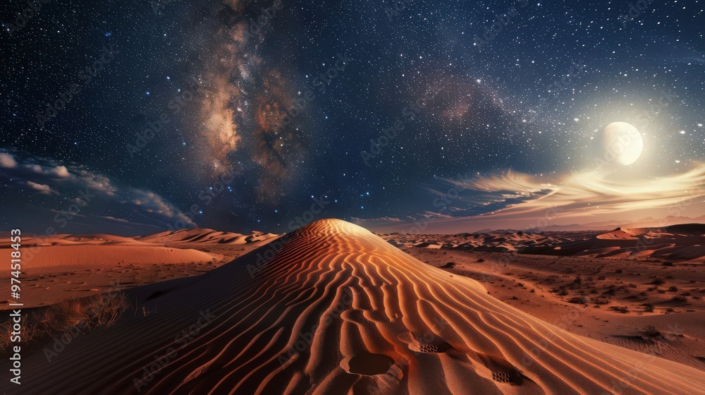 The desert illuminated by moonlight, with the sky filled with stars and the moon reflecting off the cool sand