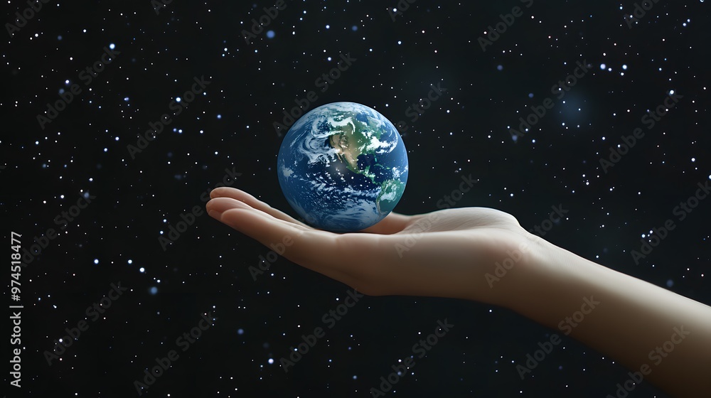 Hand Balancing Earth on Fingertips: A hand balancing the Earth delicately on the fingertips, against a black background dotted with stars.
Hand Balancing Earth on Fingertips: A hand balancing the Earth delicately on the fingertips, against a black background dotted with stars.