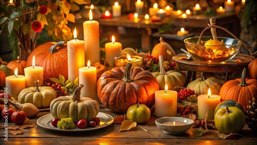 A warm and cozy autumnal dinner setting with candles, pumpkins, and a bountiful feast, conveying gratitude, love, and joy in a Christian Thanksgiving celebration.