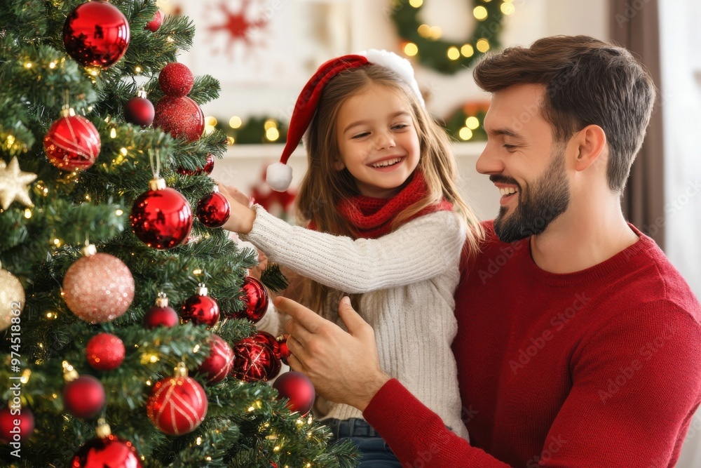 Father and daughter enjoy decorating a Christmas tree together in a cozy living room during the festive holiday season Father and daughter enjoy decorating a Christmas tree together in a cozy living room during the festive holiday season