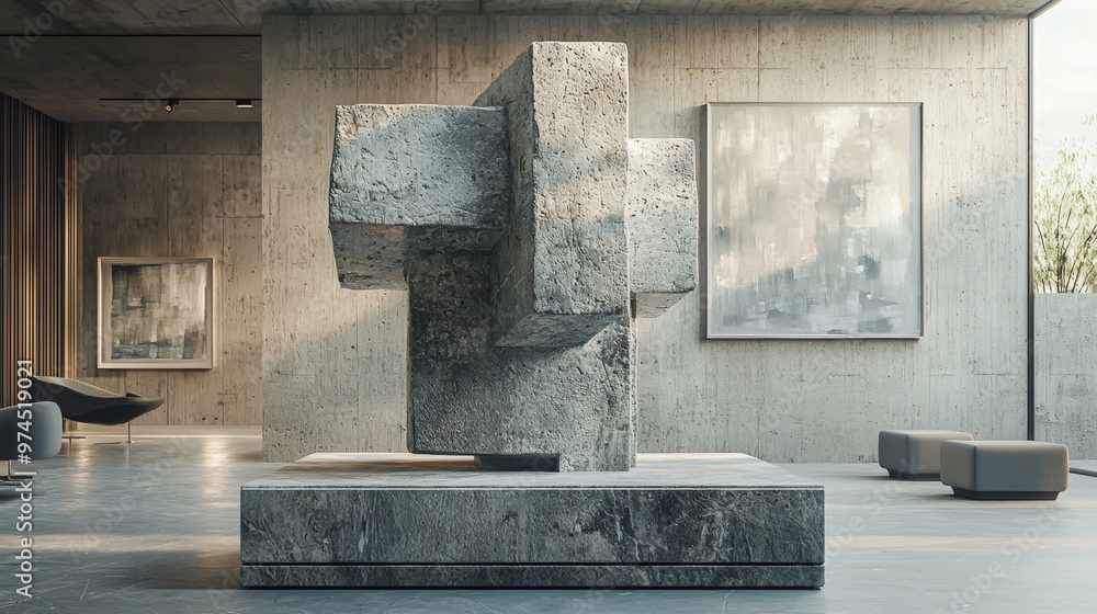 Contemporary Abstract Sculpture in Modern Interior with Concrete Walls and Minimalist Design Contemporary Abstract Sculpture in Modern Interior with Concrete Walls and Minimalist Design