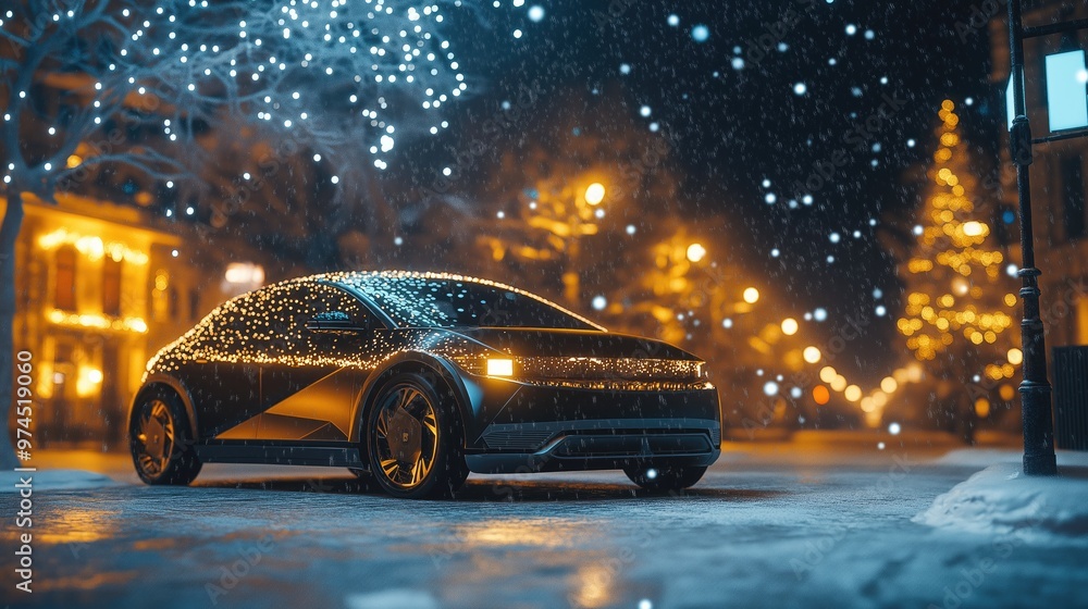 Futuristic car parked on snowy street during Christmas with festive lights and snowfall Futuristic car parked on snowy street during Christmas with festive lights and snowfall