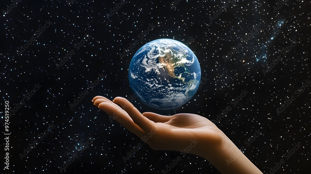 Hand Balancing Earth on Fingertips: A hand balancing the Earth delicately on the fingertips, against a black background dotted with stars.
Hand Balancing Earth on Fingertips: A hand balancing the Earth delicately on the fingertips, against a black background dotted with stars.