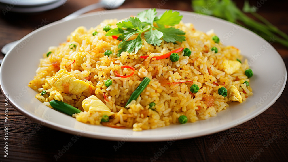 plate of fried rice with eggs, peas, and garnish plate of fried rice with eggs, peas, and garnish