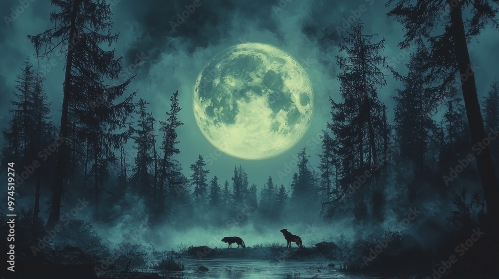 Wolves Howling Under Full Moon in Misty Forest Wolves Howling Under Full Moon in Misty Forest