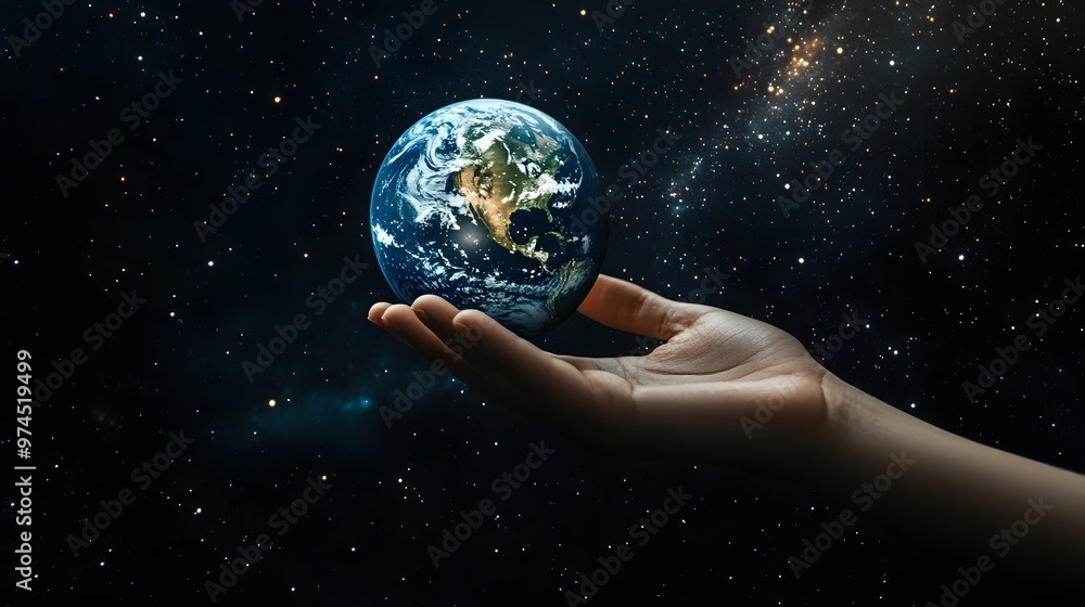 Hand Balancing Earth on Fingertips: A hand balancing the Earth delicately on the fingertips, against a black background dotted with stars.
Hand Balancing Earth on Fingertips: A hand balancing the Earth delicately on the fingertips, against a black background dotted with stars.