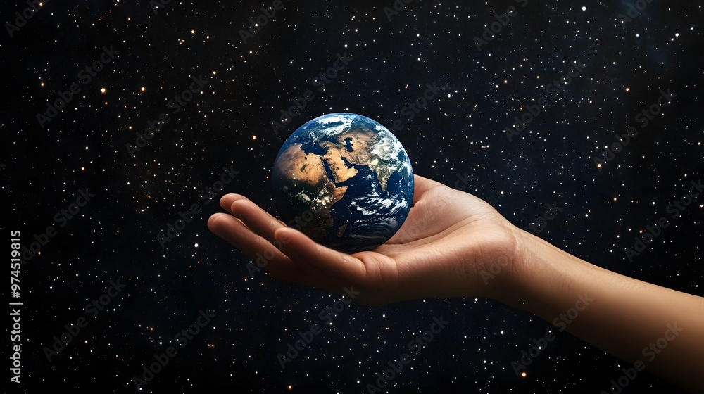 Hand Balancing Earth on Fingertips: A hand balancing the Earth delicately on the fingertips, against a black background dotted with stars.
Hand Balancing Earth on Fingertips: A hand balancing the Earth delicately on the fingertips, against a black background dotted with stars.