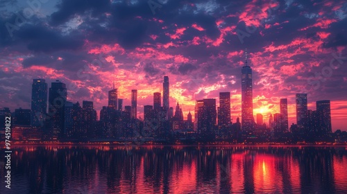 Dramatic Skyline Silhouette at Sunset with Red Clouds and Water Reflections